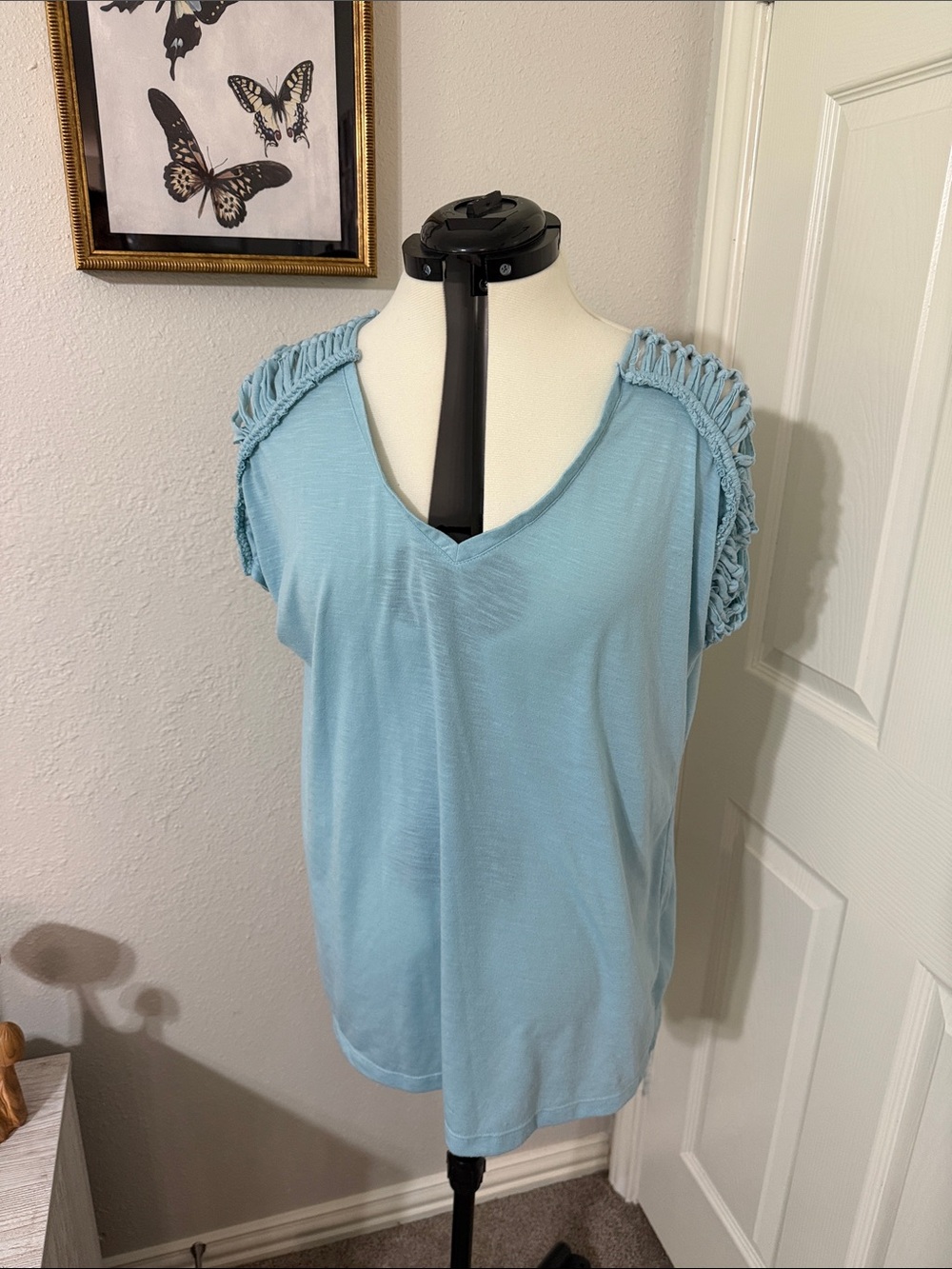 Lane Bryant Pale Blue V-Neck Tank with Macramé Shoulder Trim